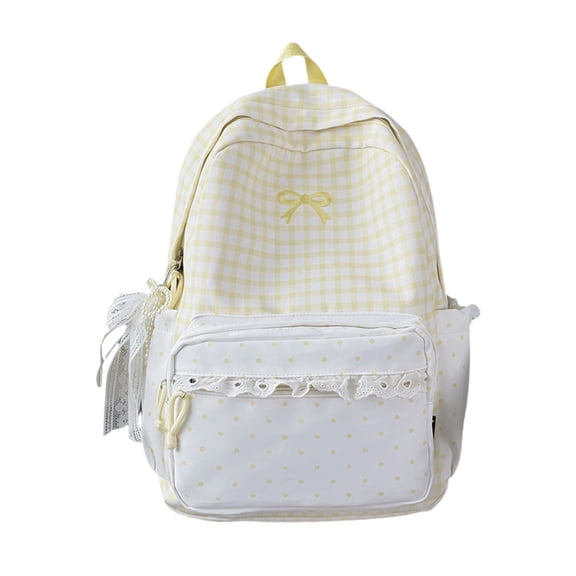 Stylish Lace Trimmed Checkered Pattern Backpack for Casual Daypack With Bowknot