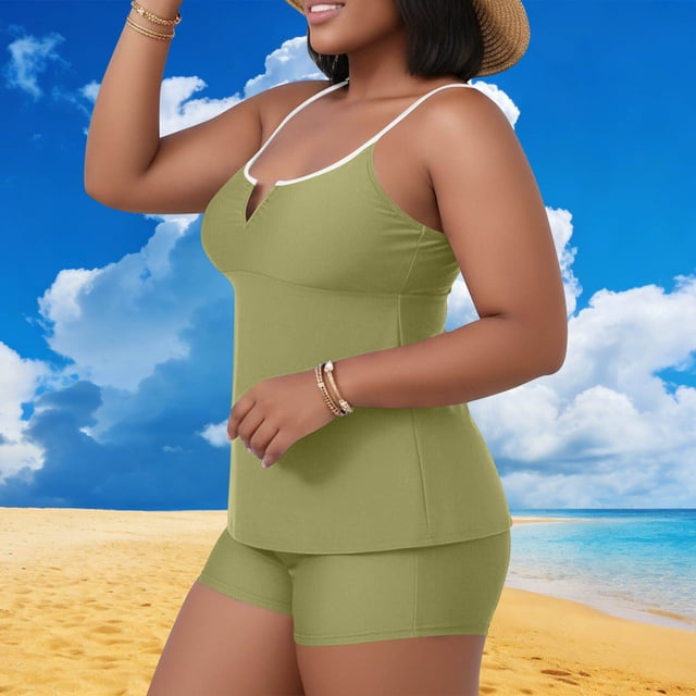 Traje de baño tankini de dos piezas para mujer, informal, de gran tamaño, de color liso, con parte superior dividida y acolchado en el pecho. Traje de baño tankini para mujer. Traje de baño de dos pie