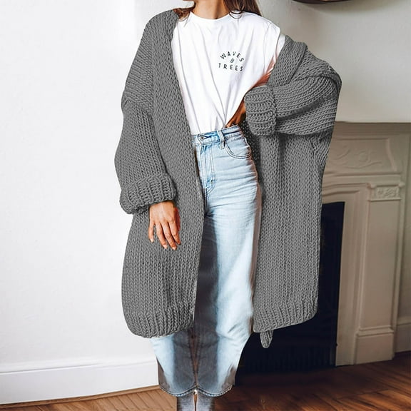 Usmixi 2023 Winter Womens Sweater Coats Womens Sweater Cardigan Plus Size Loose Casual Solid Open Front Coats Winter Long Sleeve Stand Neck Knitted Cotton Long Sweater Coats Up to 65% off