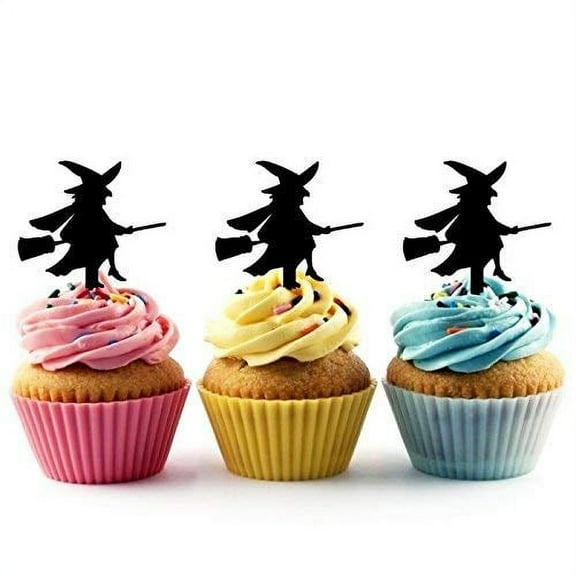 Witch on Broomstick Halloween Silhouette Acrylic Cupcake Toppers 12 pcs