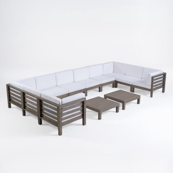 GDF Studio Cascada Outdoor Acacia Wood 10 Seater Sectional Sofa Set, Gray and White