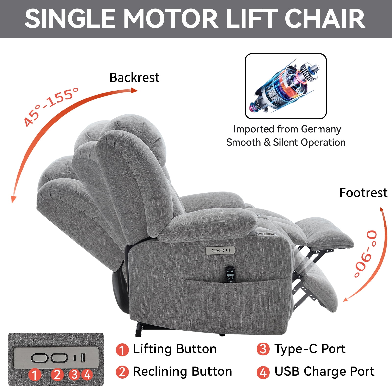 Alvantor Large Power Lift Recliner Chair for Elderly with Massage and Heat Chenille Electric Recliners Chair with USB Ports & Cup Holders for Living Room Grey