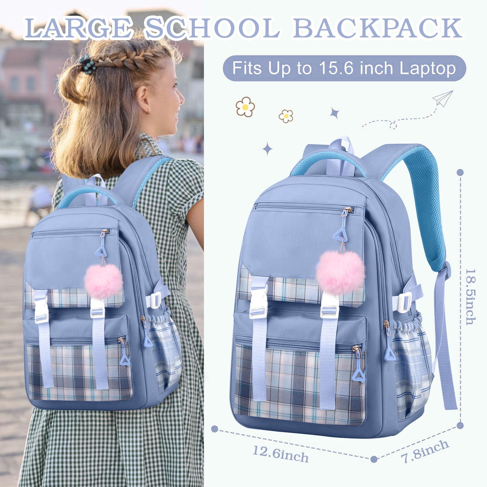 DAKIMOE Blue School Backpack for School, Travel, Work, Large Capacity Waterproof Bookbag with 7 Compartments and Luggage Belt