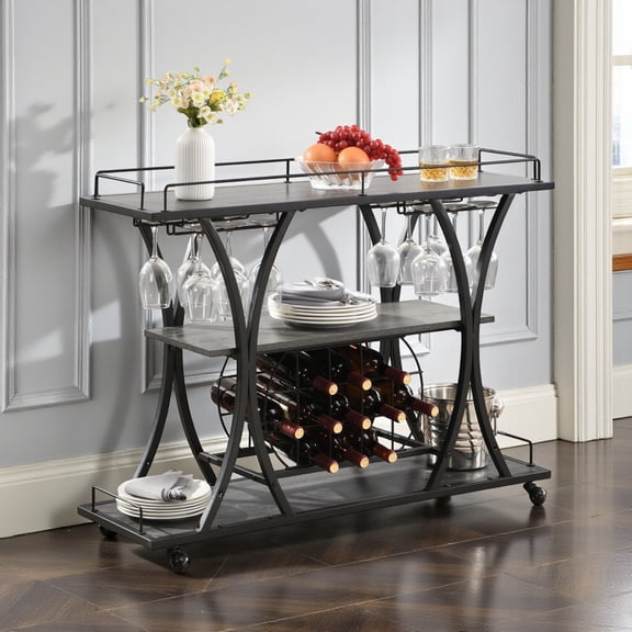 Hassch Industrial Bar Cart with Wine Rack, Movable Kitchen Serving Cart, 3-Tiers Storage Shelf, Black