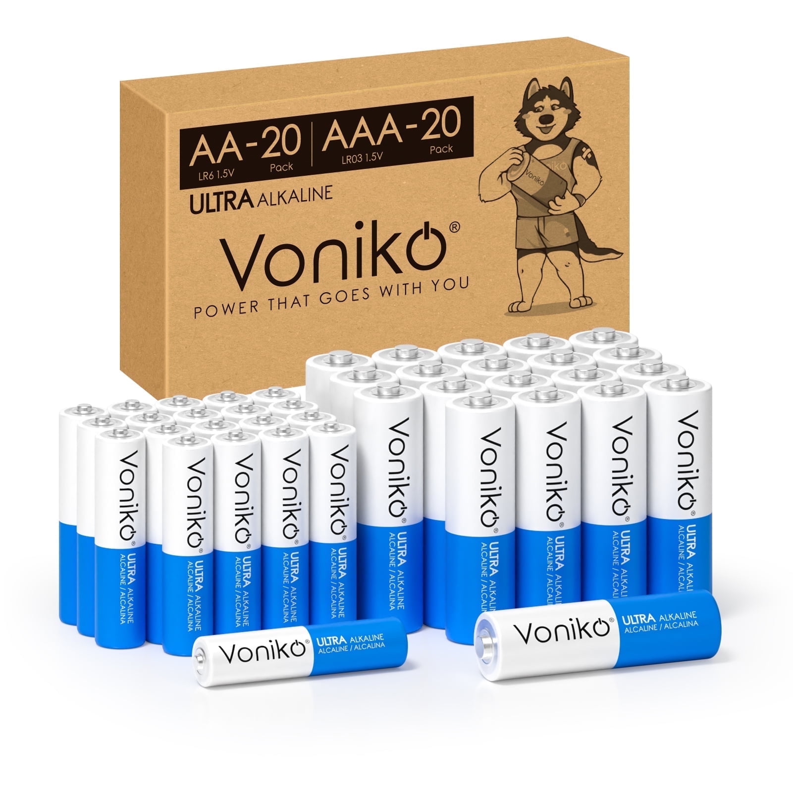 Voniko Alkaline AA & AAA Batteries 40 Pack Combo, 20 Double A and 20 Triple A, 1.5V Long Lasting for Household Devices