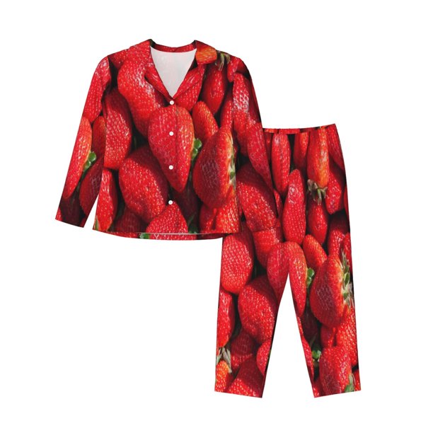 Balery Strawberry Red Conjunto de Pijama con Estampado para Mujer, Conjunto de Dos Piezas con Manga Larga, Ropa de Dormir Suave con Bolsillos, Pijamas Cómodos-XX-Large