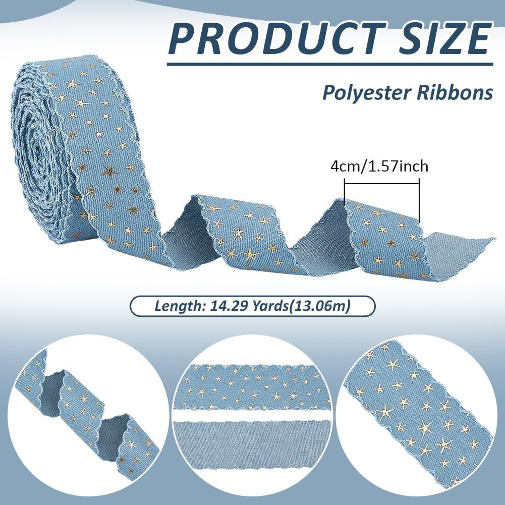 14 Yards Light Blue Denim Trim Fabric Blue Jean Wired Edge Ribbon Gold Foil Star Denim Ribbon