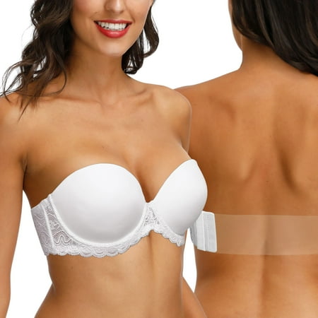 YANDW Strapless Clear Back Bra for Women Convertible Padded Lace Plus Size Bra Underwire  White 32D