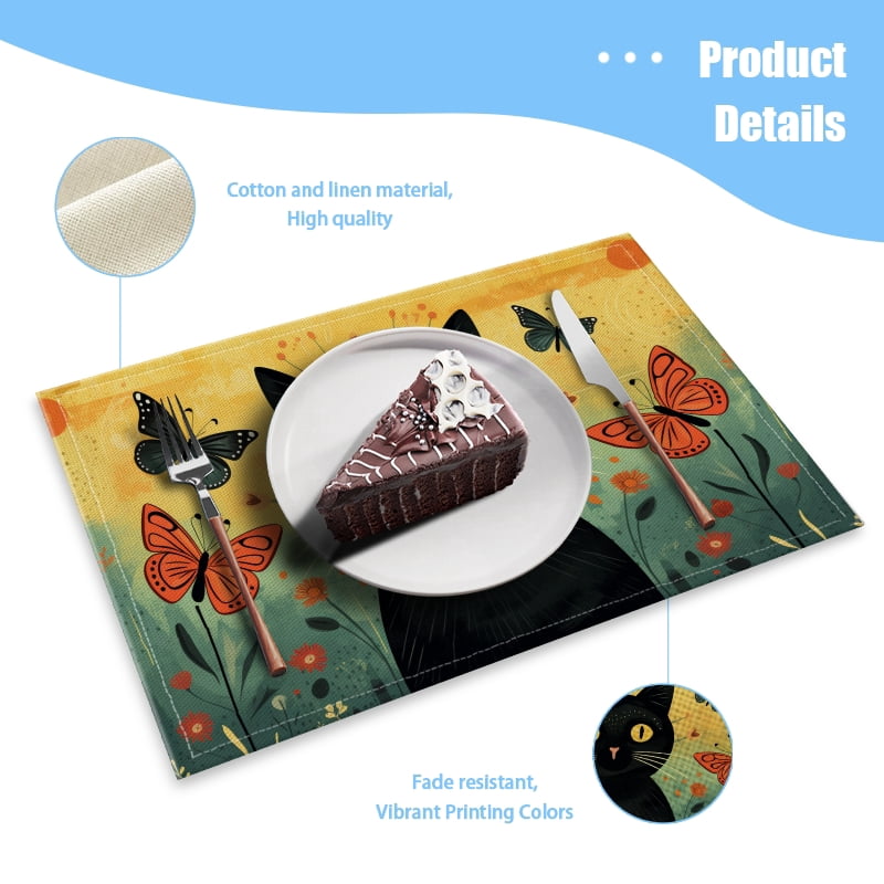 BaHomeck placemats Set of 4 Black Cat Surrounded By Butterflies Cotton Linen rectangle Placemats for Kitchen Dining Table Indoor,Outdoor,18*12inch