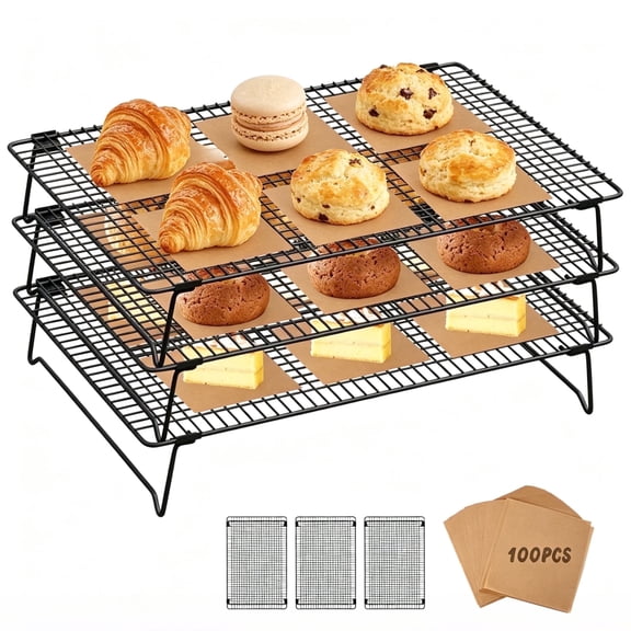 TUOSHUNGE 3‑Tier Stackable Foldable Cooling Rack, 17" L x 11" W Non‑Stick Metal Wire Baking Rack with 100‑Sheet Baking Paper, for Cookies, Cakes, Bread & Pastries