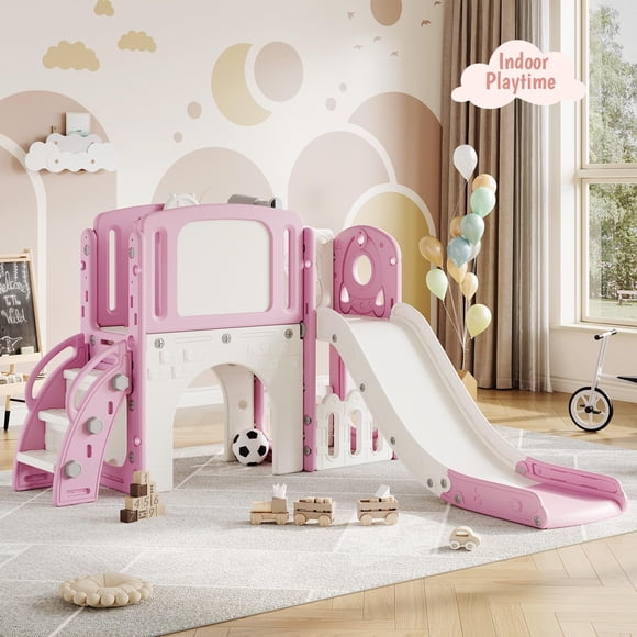 Ensemble de Jeu Intérieur pour Tout-Petits avec Glissade, Panier de Basketball, Grimpeur, Télescope, Tunnel et Espace de Rangement pour le Plaisir dans la Cour Arrière et la Cour