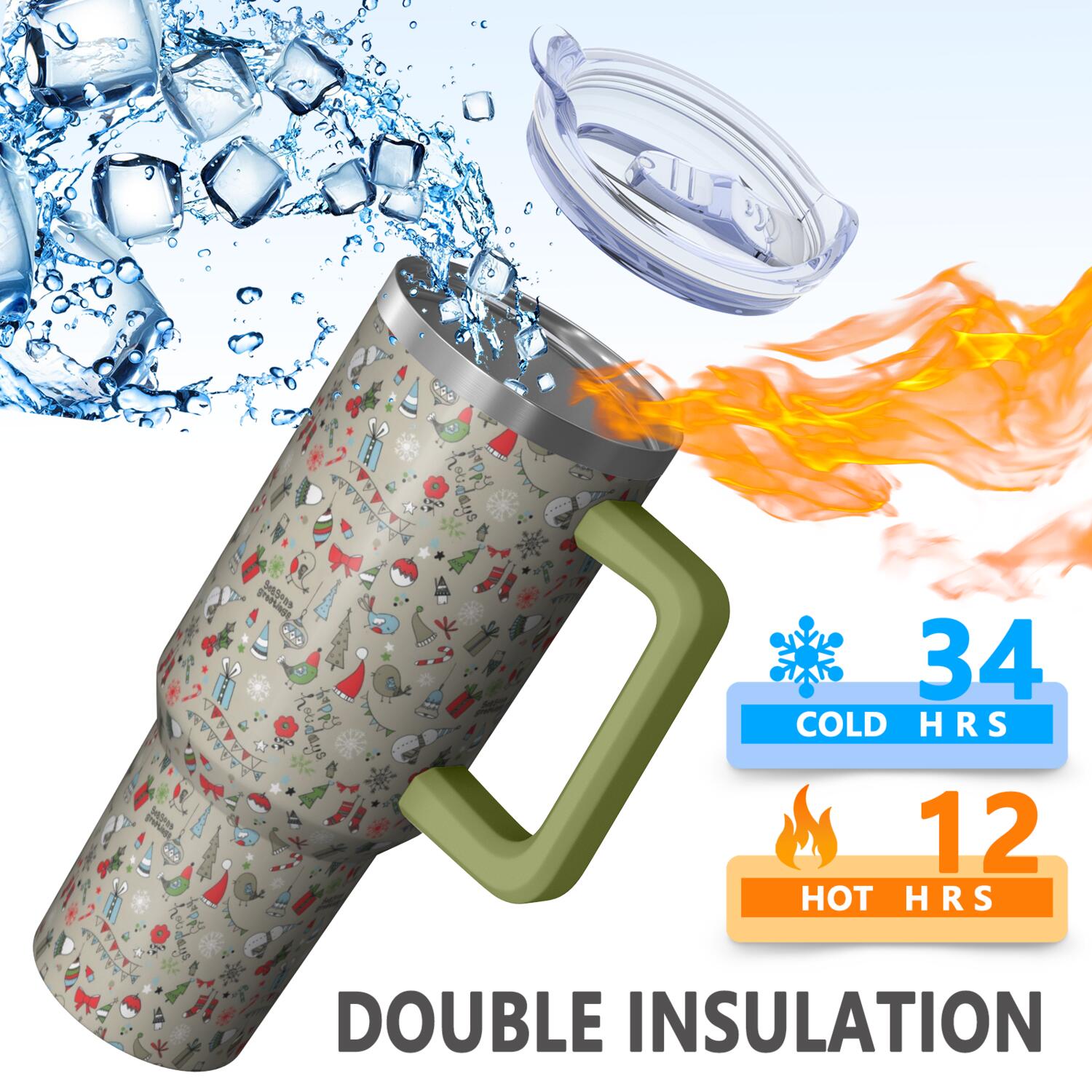Gray Christmas Icon Pattern Tumbler with Handle and Lid,40oz Double Wall Vacuum Insulated Tumbler,Cups Gift for Women and Men