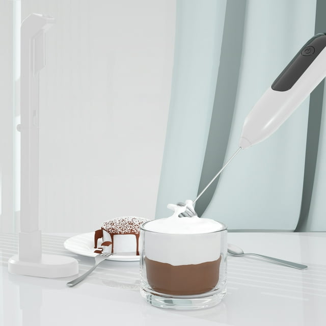 Espumador de leche con soporte de carga | Mini batidor y crema de café eléctrico | Batidora de 2 velocidades para leche, huevos, salsas | Máquina de espuma portátil de mano | Funciona con pilas