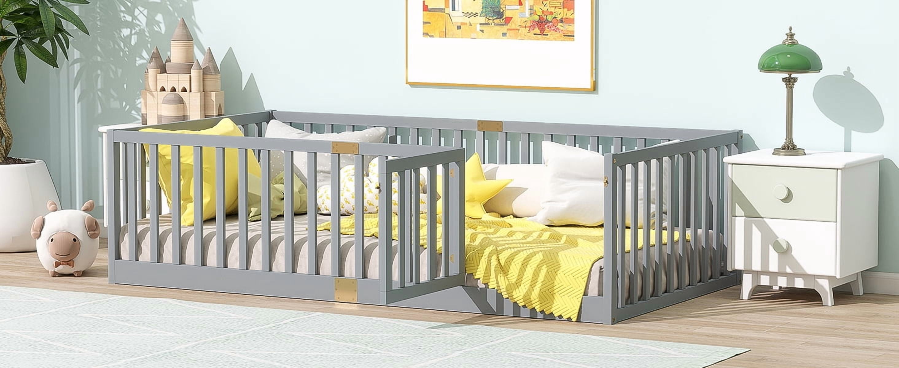Twin Size Floor Bed with High Fence Railings, with Door, Rubber Wood Floor Bed with Safety Guardrails,Grey