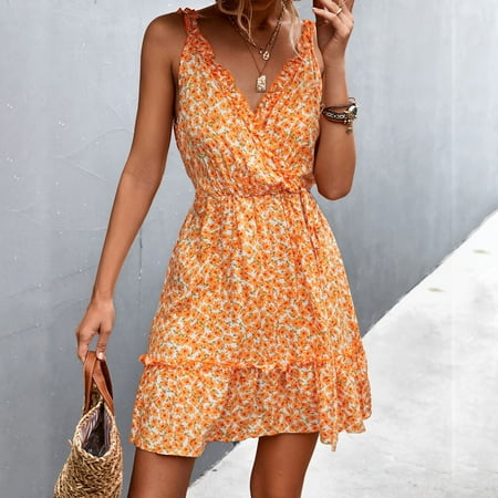 

Alueeu Women s Dresses Summer Floral Printed Ruffle Hem Sleeveless V Neck Beach Mini Dress Maternity Surplice Dress