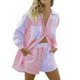 thumbnail image 6 of EliteGoogv Womens Shorts Suit Striped Lapel Sleeved Shirt And Shorts Matching Set For Women Casual Summer Outfit L Green, 6 of 6