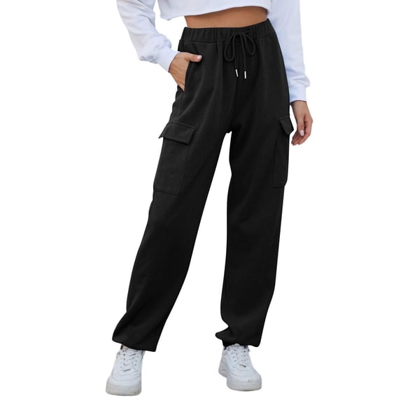 Xdegoge Cargo Sweatpants for Women 2025 Trendy High Waisted Drawstring Baggy Joggers Cotton Wide Leg Lounge Bottom Sweatpants Workout Loose Fit Pants with Pockets Plus Size PantalóN Cargo Black XXXL