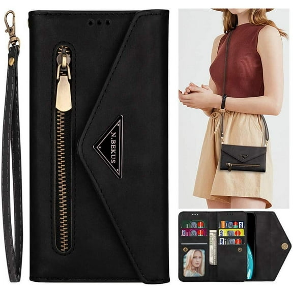 Case for Samsung Galaxy A52 5G Detachable Crossbody Lanyard Zipper Wallet Handbag Case with 6 Card Holders,Premium PU Leather Protective Folio Flip Case with Wrist Strap - Black