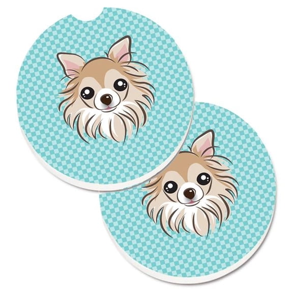 Checkerboard Blue Chihuahua Set of 2 Cup Holder Car Coaster