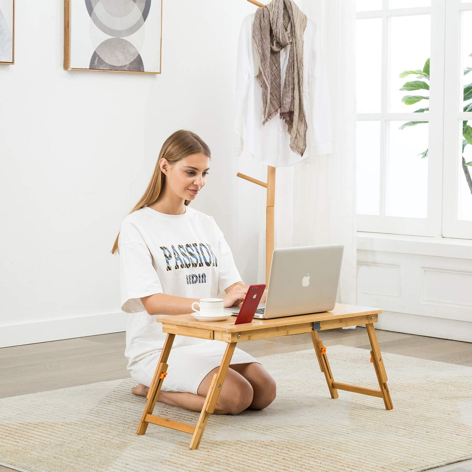 Laptop Desk  Bamboo Laptop Table Adjustable Lap Tray Bed Serving Tray Breakfast Table Foldable Coffee Tea Table 7 Tilting Top Angles 4 Latches Large Size 27.95" x 13.8"
