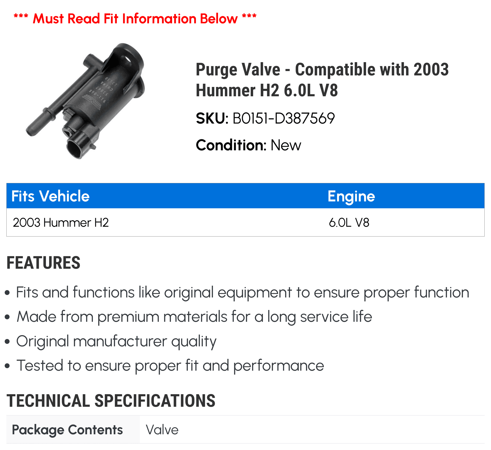 Purge Valve - Compatible with 2003 Hummer H2 6.0L V8 - Dorman