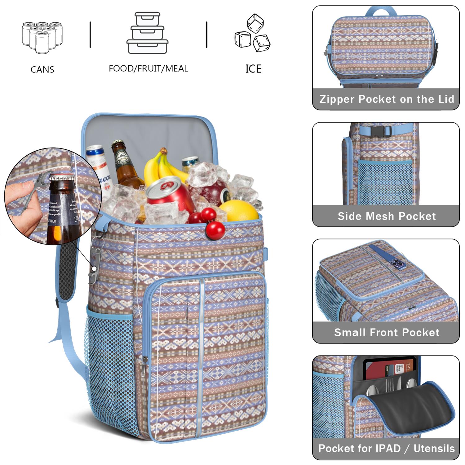 Travel Cooler Bag - Boho Bohemia Pioneer Flower Geometric Line Art Camping Beer Cooler Backpack with Bottle Opener- Waterproof Insulated Picnic Backpacks - Cooler Bag for Beach