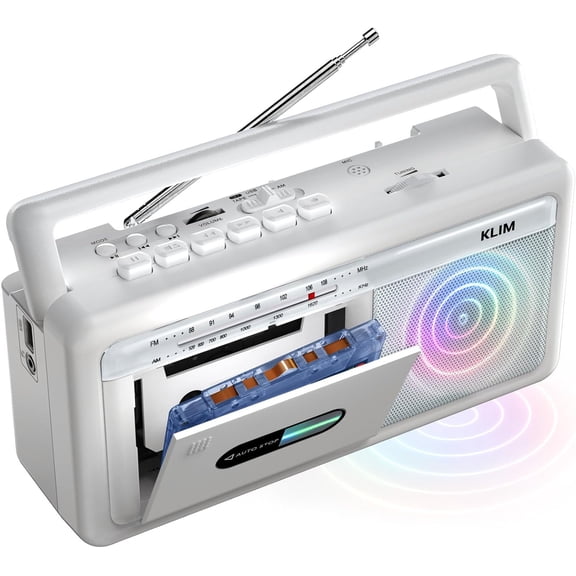 Restored KLIM Portable Cassette Player & Tape Recorder  Boombox with AM/FM Radio, USB, Bluetooth, Speaker, and Earphone Jack  Battery and AC Operated, White (Refurbished)