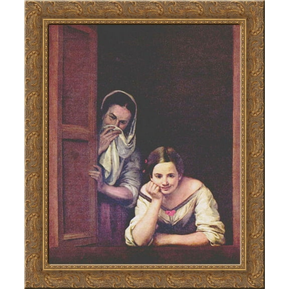 A Girl and her Duenna 24x19 Gold Ornate Wood Framed Canvas Art by Murillo, Bartolome