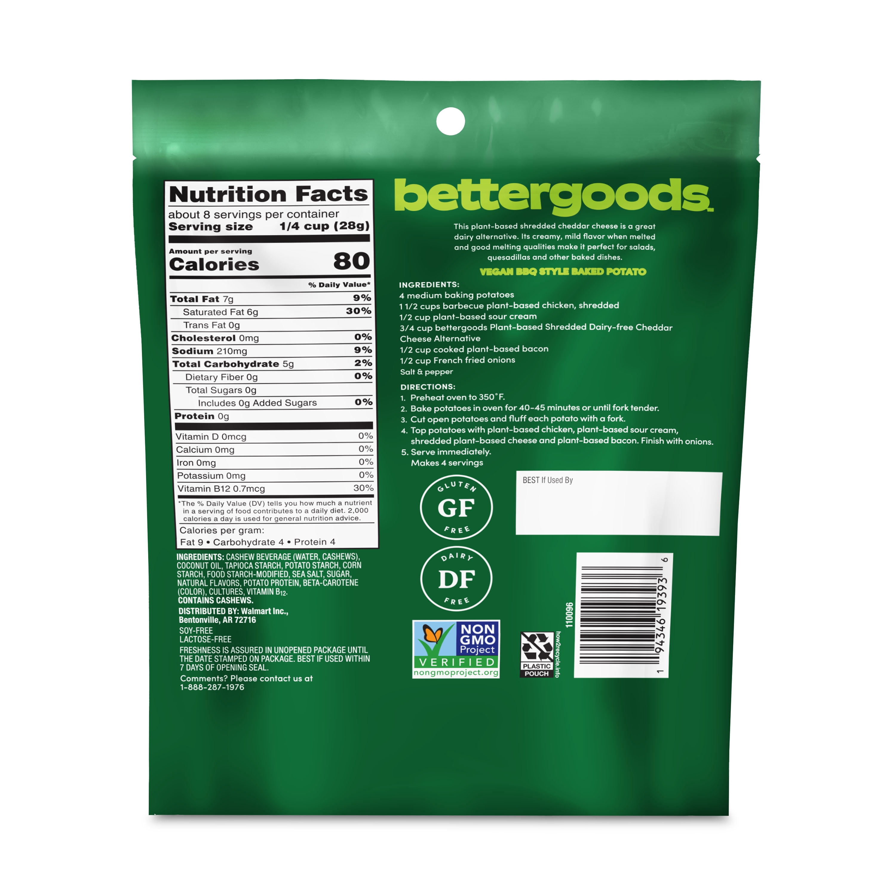 bettergoods Plant-Based Cheddar Shredded Dairy-Free Cashew Cheese Alternative, 8 oz