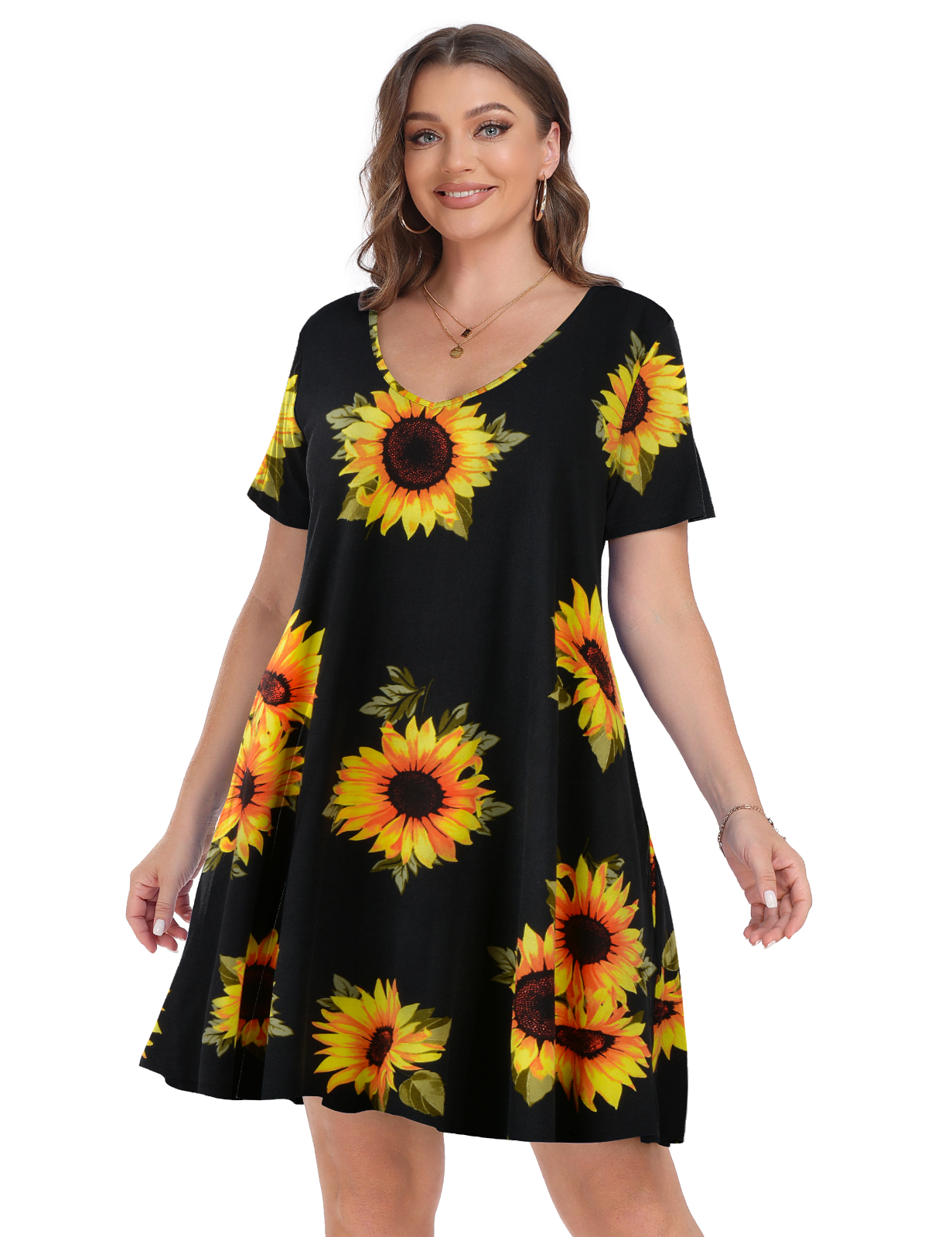 Plus Size Dresses 5X for Women, VEPKUL V Neck T Shirt Dress 2024 Short Sleeve Casual Loose Swing Summer Dress Floral Printed with Pockets - image 5 of 9