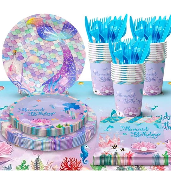 Mermaid Birthday Decorations Tableware, 113pcs Mermaid Party Supplies Set - Mermaid Party Plates and Napkins Cups Tablecloth etc Mermaid Themed Party Supplies for Girls