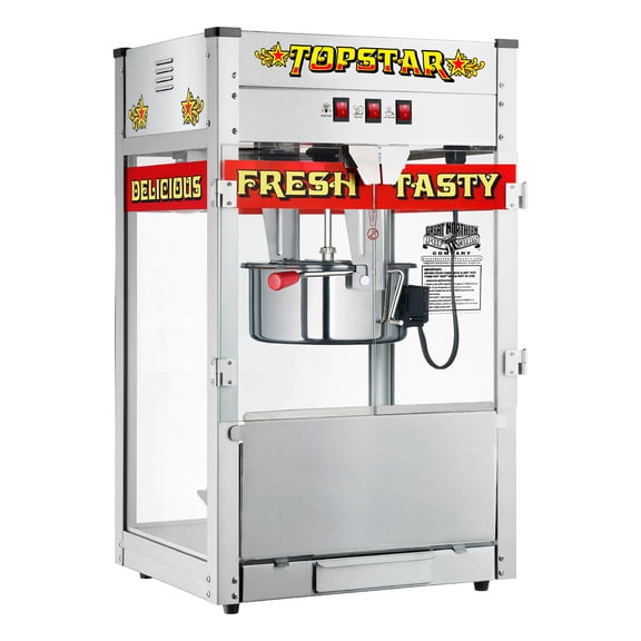 Top Star Popcorn Machine - 12oz Stainless-Steel Kettle, Reject Kernel Tray, Warming Light, and Accessories by Great Northern Popcorn (Red and Yellow)