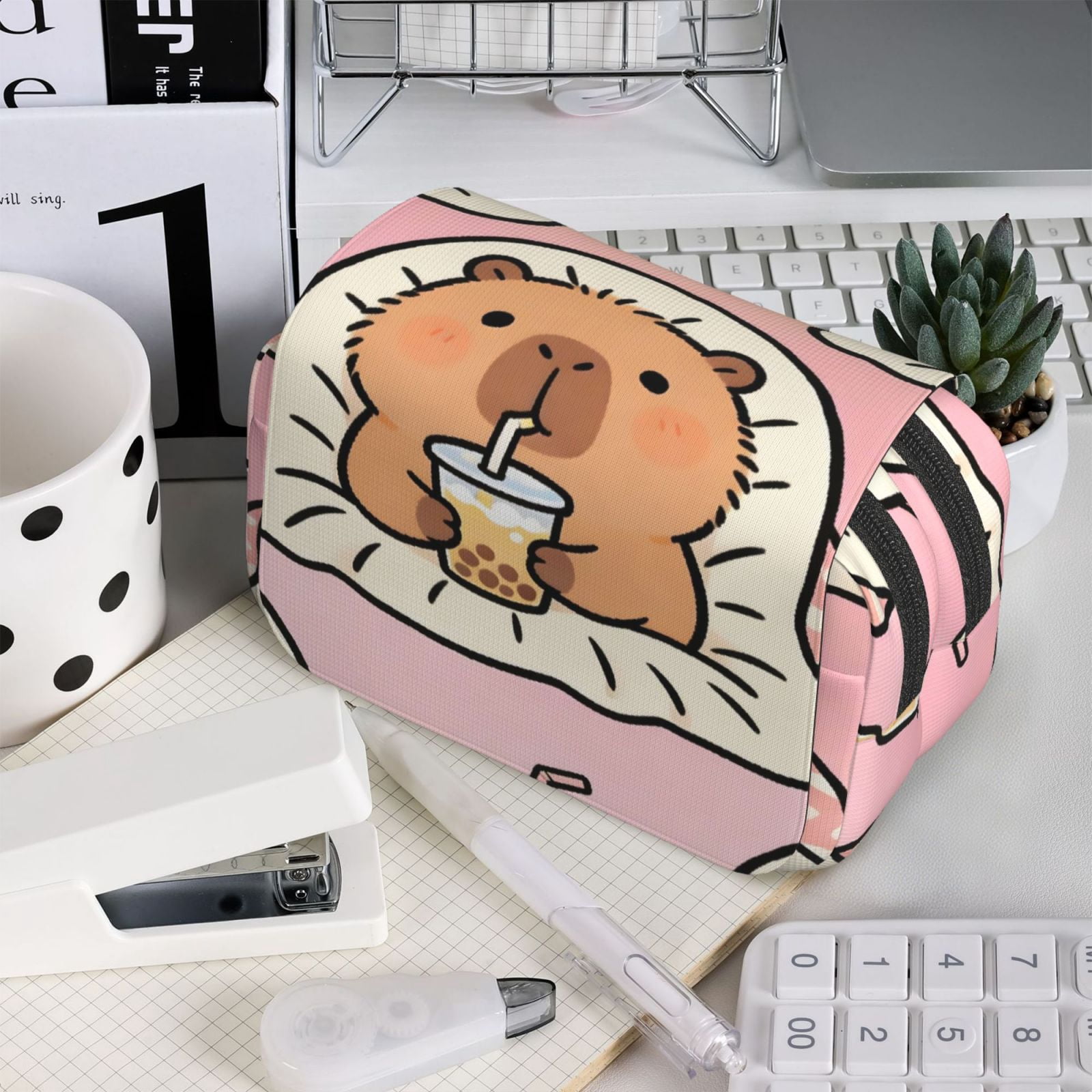 Large-Capacity Flip-Top Double-Layer Pencil Case, Multi-Functional Pocket Pen Case, Durable Stationery Organizer Capybara Lounging While Sipping Bubble Tea
