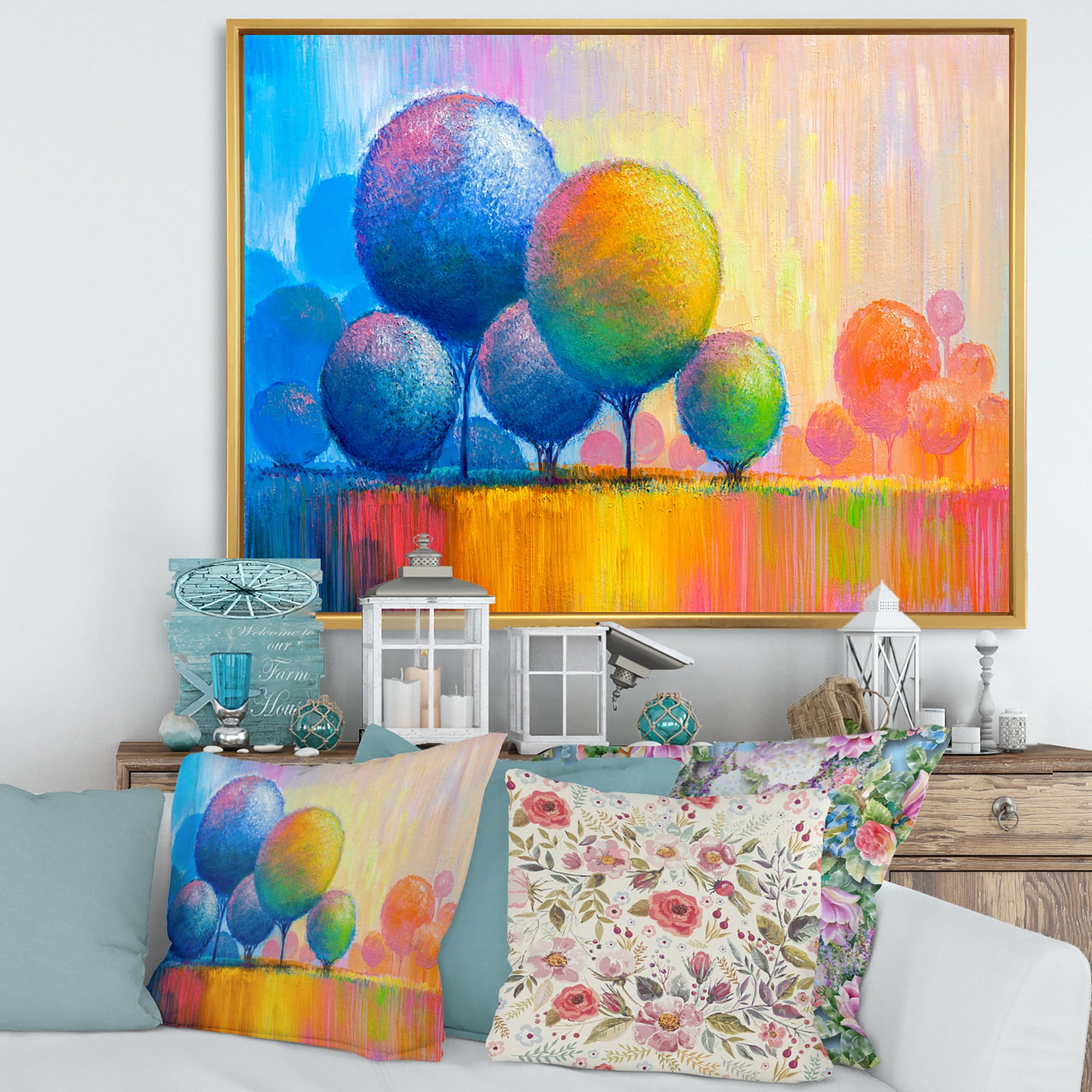Designart 'Ornamental Colourful Trees VII' Modern Framed Canvas Wall Art Print