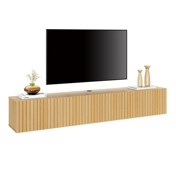 WAMPAT Oak Floating TV Shelf Wood Media Entertainment Center,Wall Mounted Shelf with 3 Fluted Doors for TVs up to 80" for Living Room, Bedroom