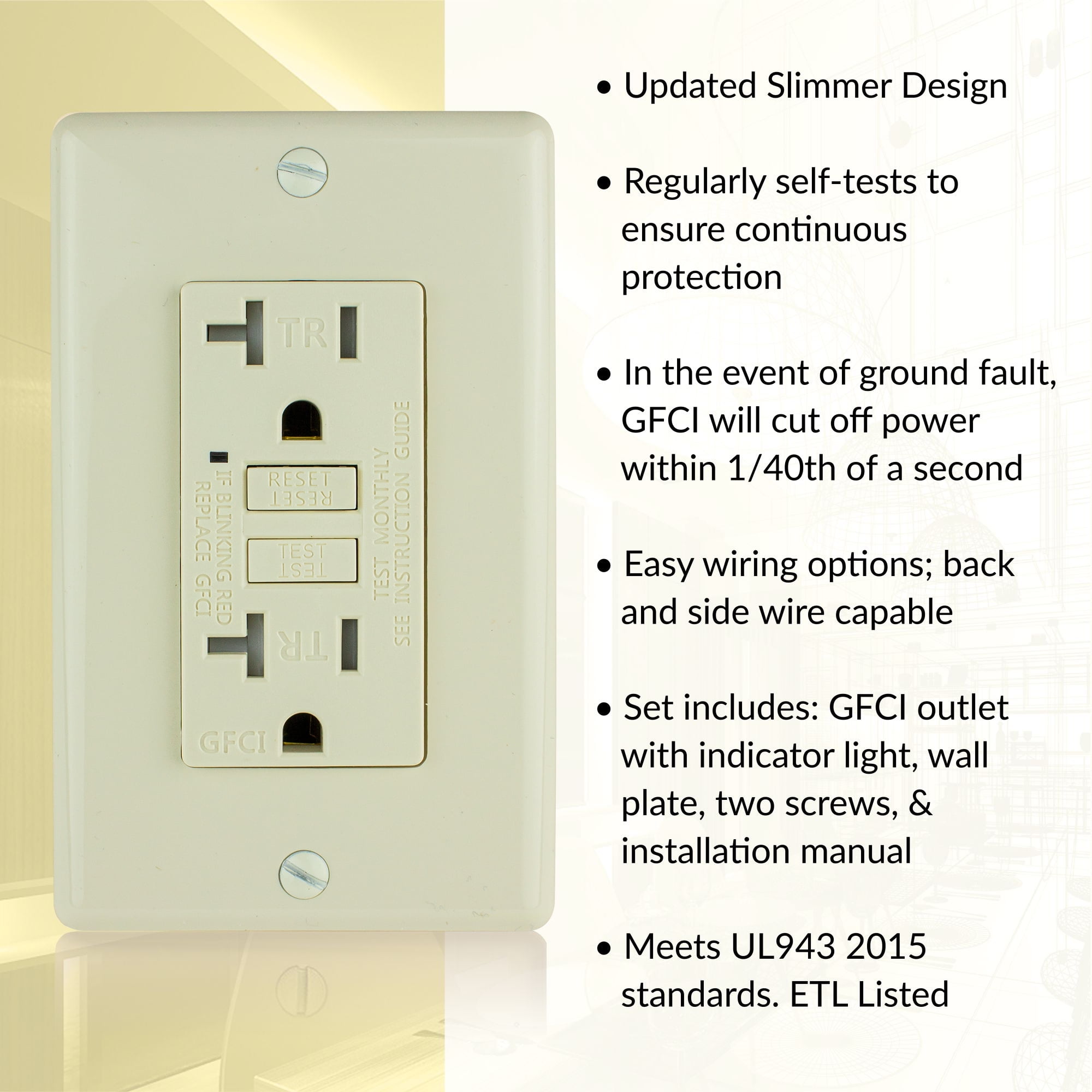 Faith 20A GFCI Outlets, Slim, Tamper-Resistant GFI Receptacles with Wall Plate, Lt Almond, 10-Pk