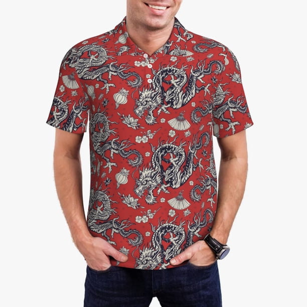 Fotbe Dragons2 Camiseta Polo de Golf para Hombre con Estampado – Camisa Deportiva Transpirable con Cuello Abotonado-Large