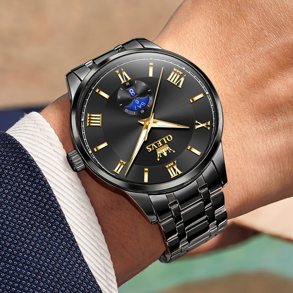 OLEVS Watches for Men Business Dress Waterproof Analog Quartz Stainless Steel Luminous Roman Numeral Classic Men Wrist Watches Reloj Para Hombre Black Dial