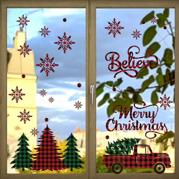 Christmas Window Cling Sticker Xmas Tree Snowflakes Red Plaid Car DIY Window Decal Stickers for Glass Decor Holiday Decals
