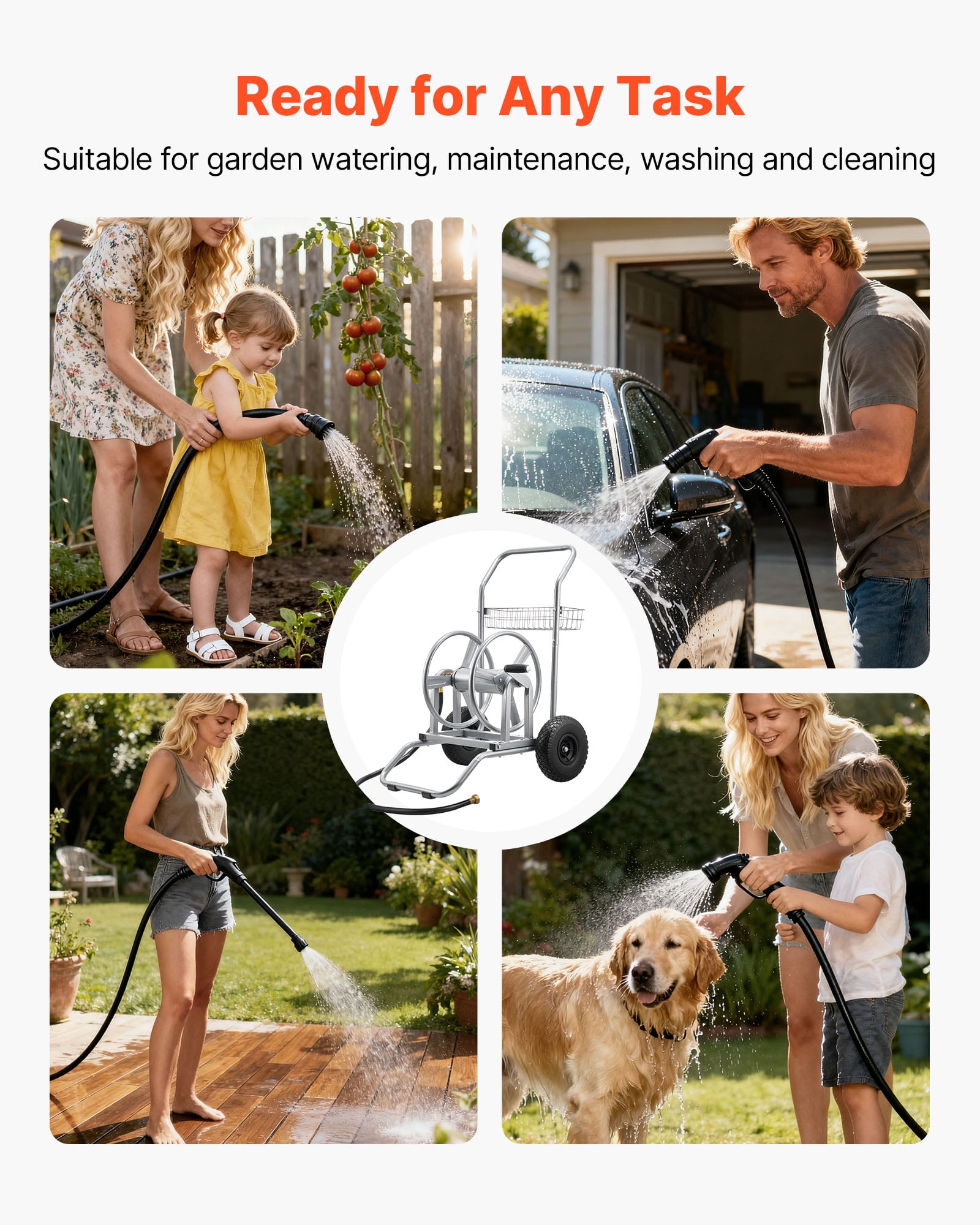 VEVOR Water Hose Reel Cart, 200/300ft High-Pressure Garden Hose Cart, Hoses Reel Carts with Two Wheels, Handle & Heavy-Duty Mesh Storage Basket, Dual-Purpose Portable Hoses Reels for Garden, Car, Pet