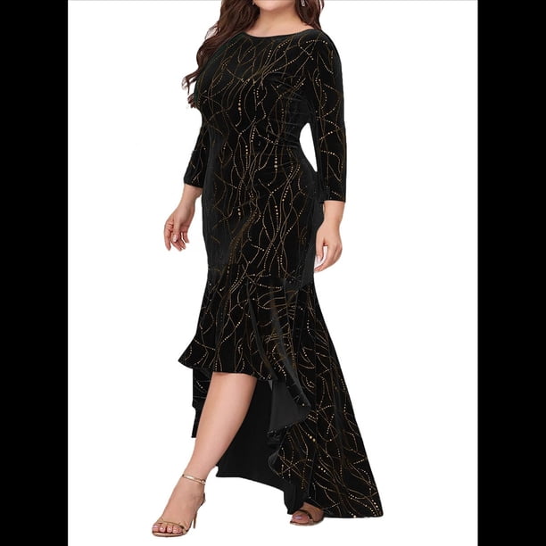 Vestidos de Talla Grande para Mujer, Vestido Formal de Terciopelo con Mangas 3/4, Corte Sirena y Dobladillo Alto y Bajo Negro XXL
