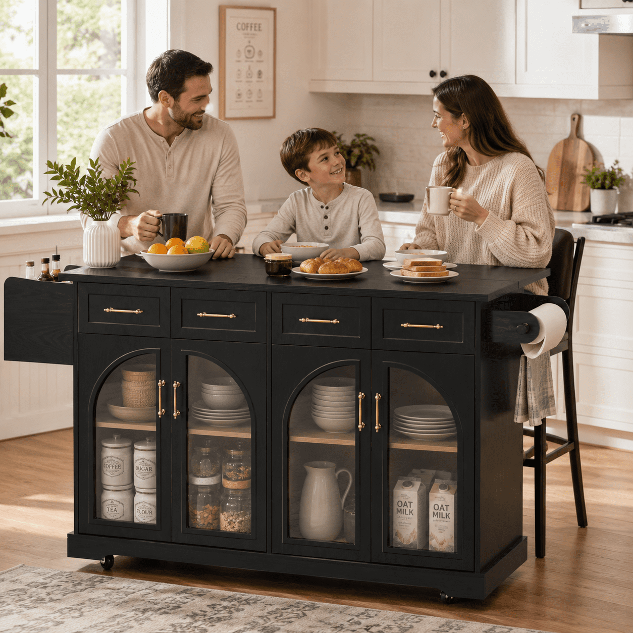 Homy Casa 65.2" Kitchen Island with Storage, Drop Leaf, Power Outlet and Arched Glass Doors, Black