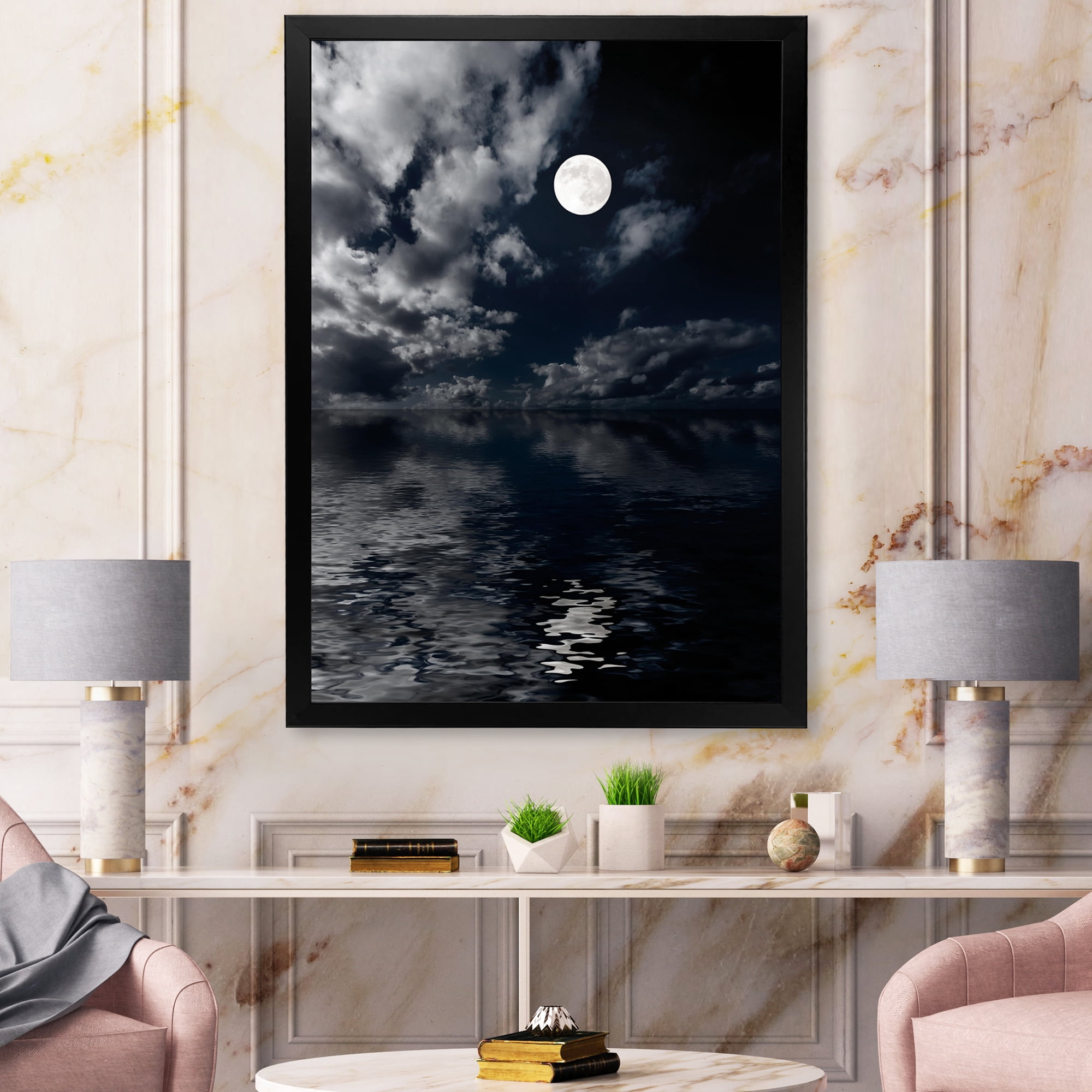 Designart 'Full Moon Night in Cloudy Sky IV' Nautical & Coastal Framed Art Print