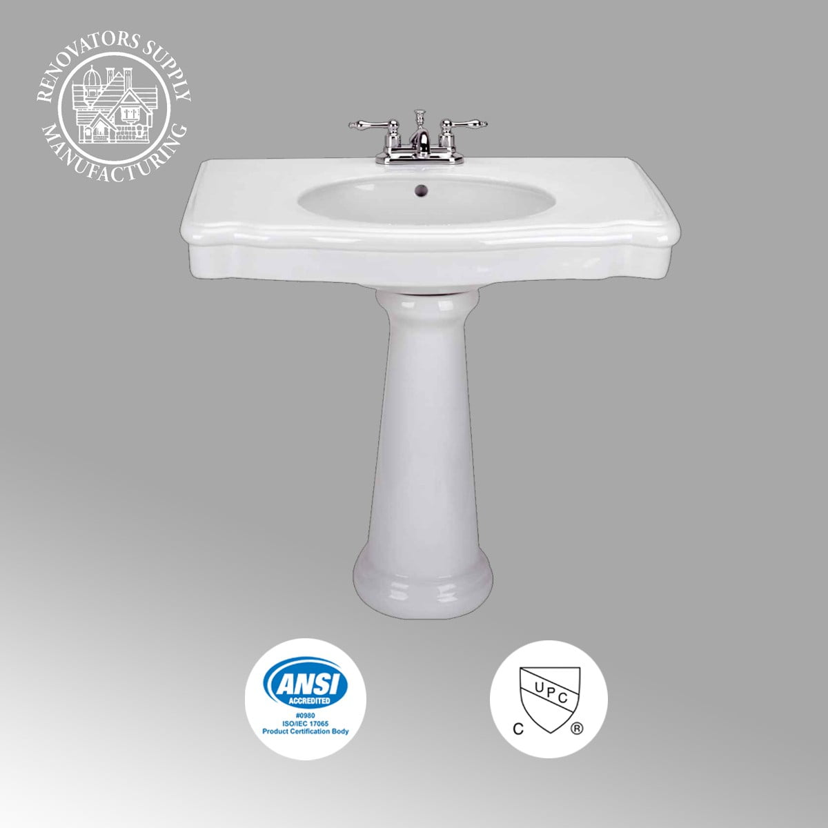 Large White Pedestal Bathroom Sink 34" W Porcelain Spaceous Wall Mount Sink w/Centerset Faucet Hole | Renovators Supply