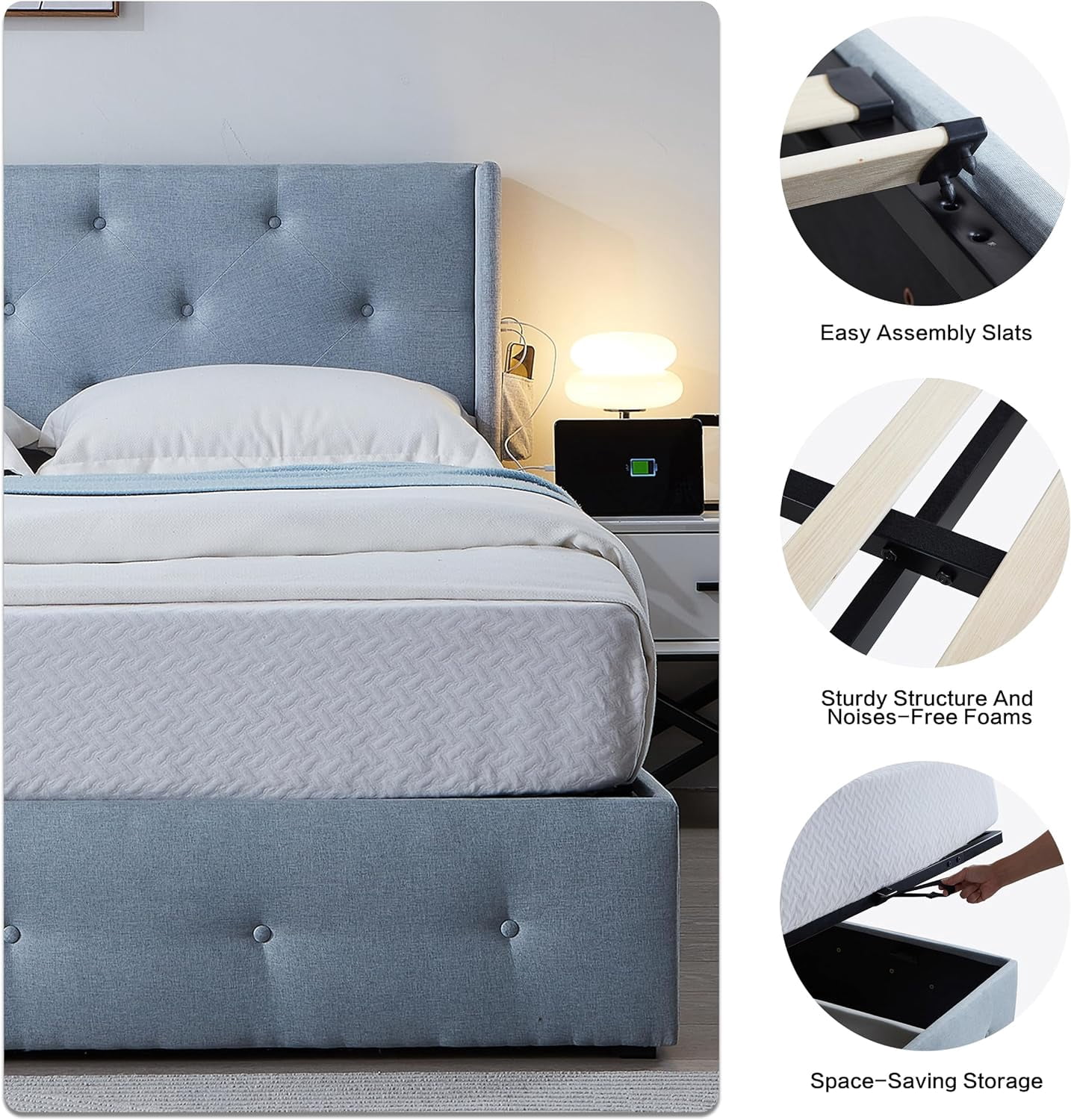Miniyam Full Size Lift Up Bed with Wingback Headboard, USB Ports, Light Gray