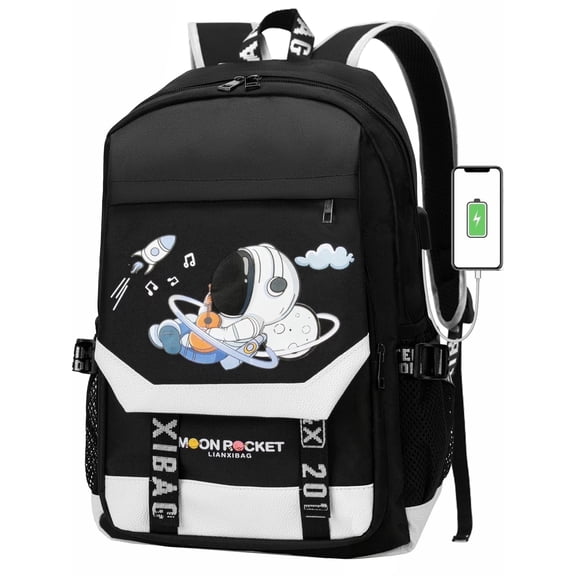 Lvelia Boys School Backpacks for Kids, Fashion Large Capacity School Bag,Waterproof Bookbags with USB Charge Port,Spaceman Printed Black
