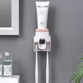 thumbnail image 1 of Juego de soporte para cepillos de dientes con ventosa para montaje en pared para niños, color rosa, dispensador automático de pasta de dientes con exprimidor sin perforaciones, 1 of 5