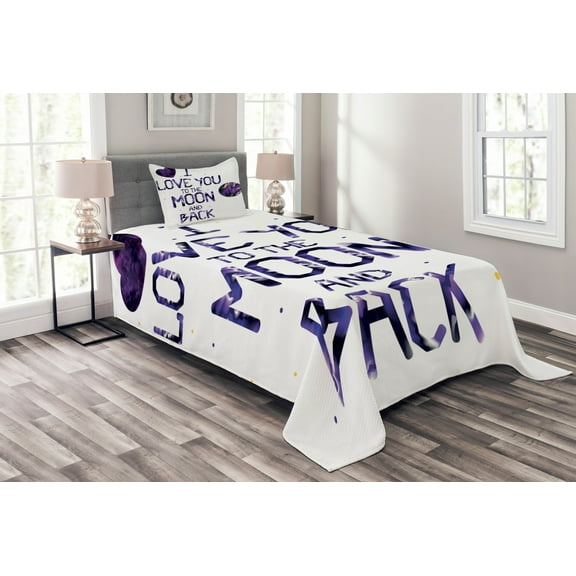 Ambesonne I Love You Quilted Bedspread Set 2 Pcs, Universe Moon Heart, Twin Size, Dark Purple