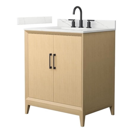 Janna 30" White Oak Single Vanity & Giotto Quartz Top (3-Hole) & Black Trim