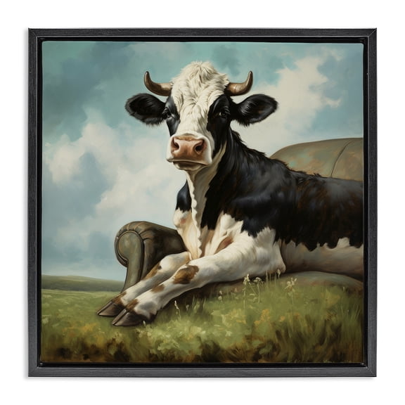 Stupell Industries Rustic Lodge Cow on Country Couch Black Floating Frame Canvas Art, 18 x 18, by Lazar Studio